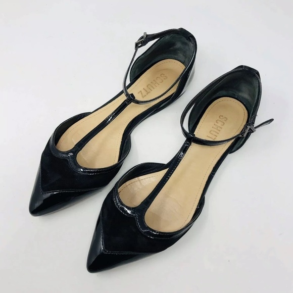 Schutz T-Strap 37 Black Suede Patent Leather Flats - Picture 1 of 8